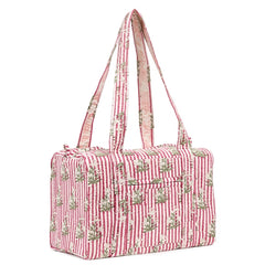 PINK STRIPE BUTTA HAND BLOCK PRINTED QUILTED TRAVEL DUFFLE BAG SMALL