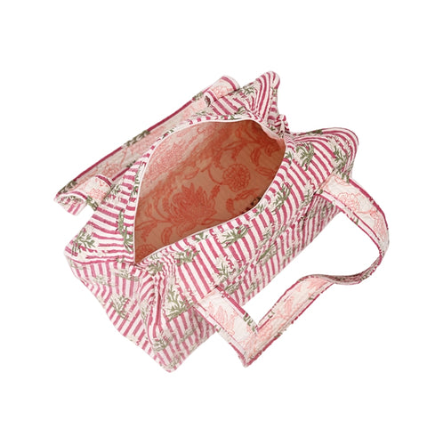 PINK STRIPE BUTTA HAND BLOCK PRINTED QUILTED TRAVEL DUFFLE BAG SMALL