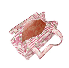 PINK STRIPE BUTTA HAND BLOCK PRINTED QUILTED TRAVEL DUFFLE BAG SMALL