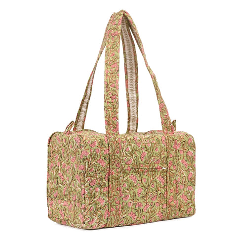 LITTLE JASMINE HAND BLOCK PRINTED QUILTED TRAVEL DUFFLE BAG SMALL