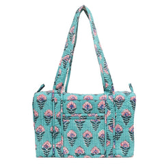 SNAKE CHARM GREEN HAND BLOCK PRINTED QUILTED TRAVEL DUFFLE BAG SMALL