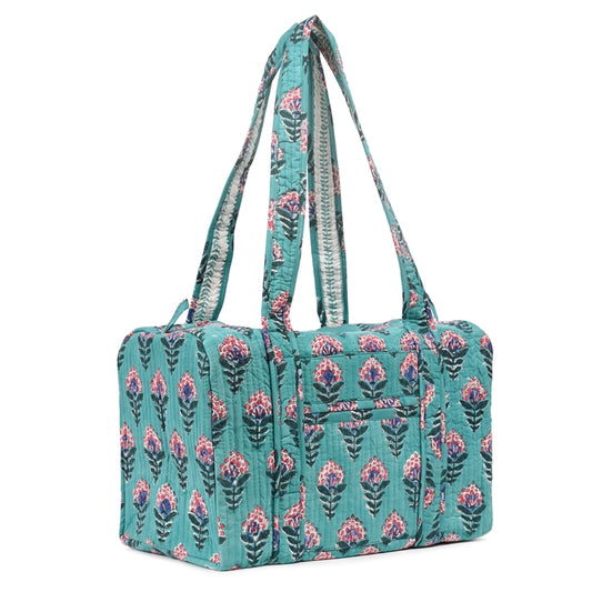 SNAKE CHARM GREEN HAND BLOCK PRINTED QUILTED TRAVEL MICRO DUFFLE BAG