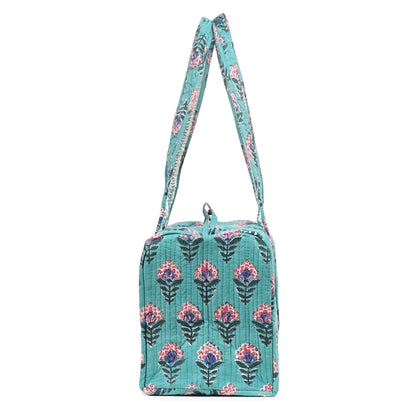 SNAKE CHARM GREEN HAND BLOCK PRINTED QUILTED TRAVEL MICRO DUFFLE BAG