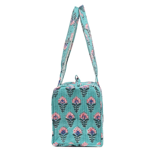 SNAKE CHARM GREEN HAND BLOCK PRINTED QUILTED TRAVEL MICRO DUFFLE BAG