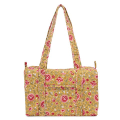 BLOSSOMING ROSES IN BASANT HAND BLOCK PRINTED QUILTED TRAVEL DUFFLE BAG SMALL