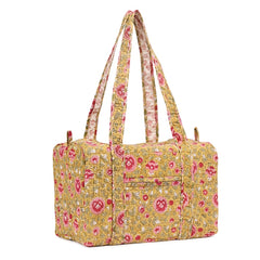 BLOSSOMING ROSES IN BASANT HAND BLOCK PRINTED QUILTED TRAVEL DUFFLE BAG SMALL