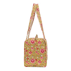 BLOSSOMING ROSES IN BASANT HAND BLOCK PRINTED QUILTED TRAVEL DUFFLE BAG SMALL