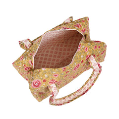 BLOSSOMING ROSES IN BASANT HAND BLOCK PRINTED QUILTED TRAVEL DUFFLE BAG SMALL