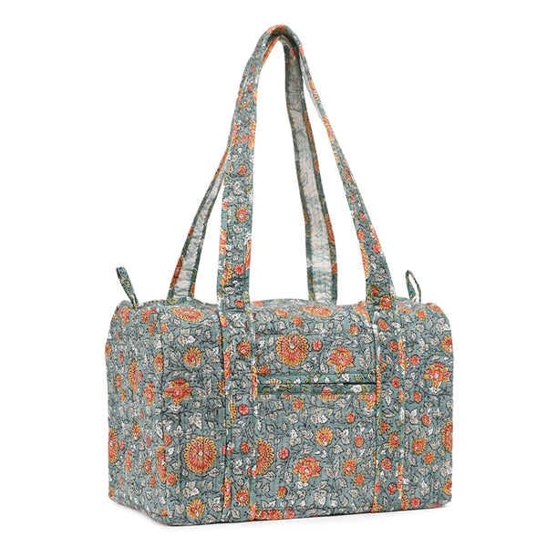 BLOSSOMING ROSES IN MOONSOON HAND BLOCK PRINTED QUILTED TRAVEL DUFFLE BAG SMALL