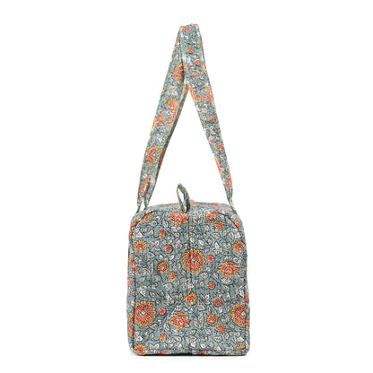 BLOSSOMING ROSES IN MOONSOON HAND BLOCK PRINTED QUILTED TRAVEL MICRO DUFFLE BAG