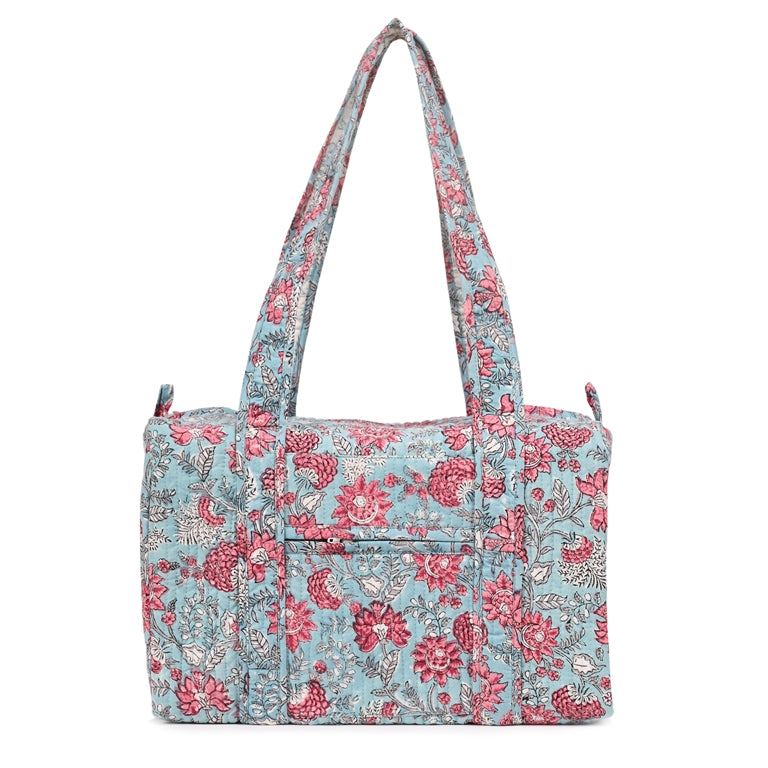 CATHARANTHUS HAND BLOCK PRINTED QUILTED TRAVEL MICRO DUFFLE BAG