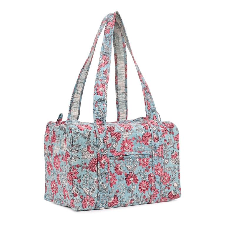 CATHARANTHUS HAND BLOCK PRINTED QUILTED TRAVEL MICRO DUFFLE BAG