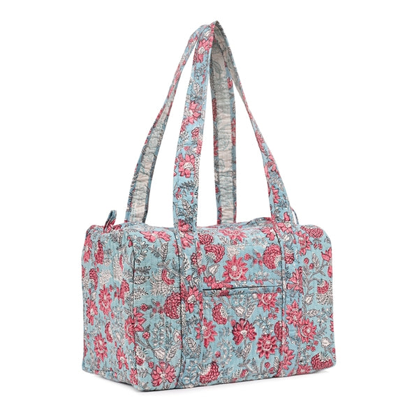 CATHARANTHUS HAND BLOCK PRINTED QUILTED TRAVEL DUFFLE BAG SMALL