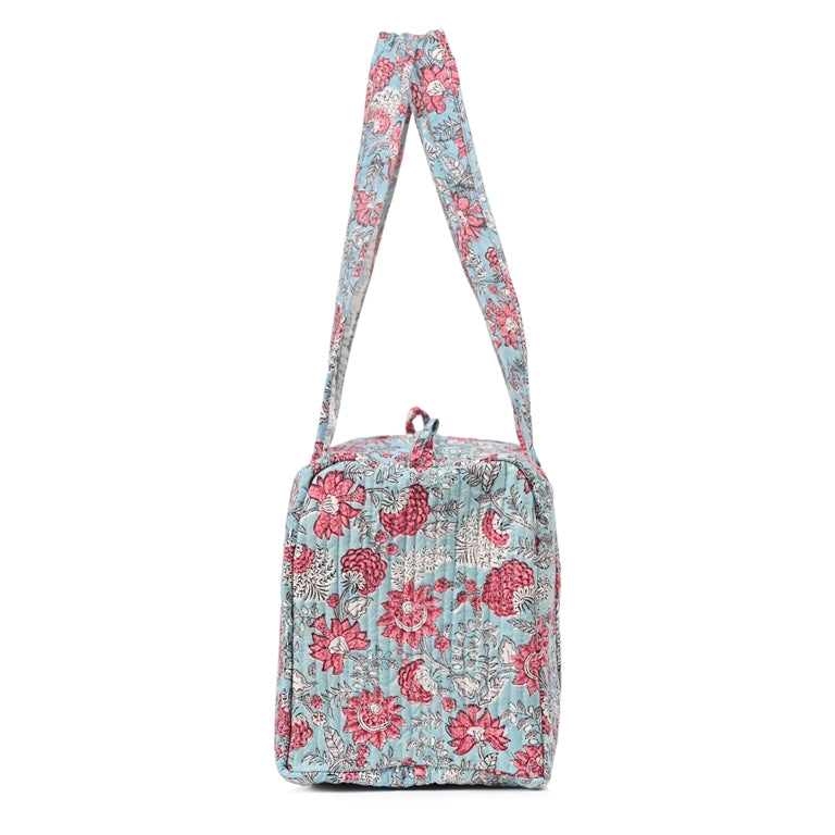 CATHARANTHUS HAND BLOCK PRINTED QUILTED TRAVEL MICRO DUFFLE BAG