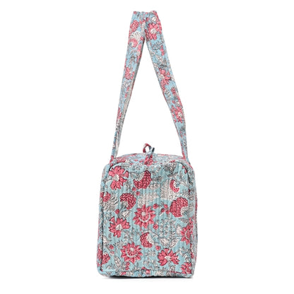 CATHARANTHUS HAND BLOCK PRINTED QUILTED TRAVEL MICRO DUFFLE BAG
