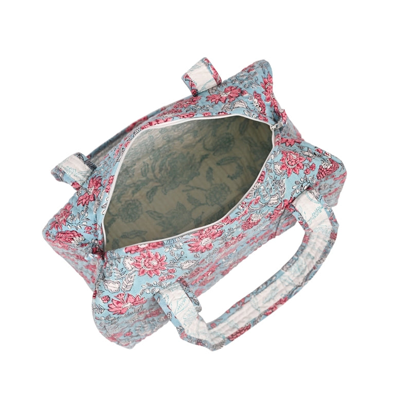 CATHARANTHUS HAND BLOCK PRINTED QUILTED TRAVEL MICRO DUFFLE BAG