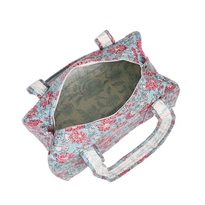 CATHARANTHUS HAND BLOCK PRINTED QUILTED TRAVEL MICRO DUFFLE BAG