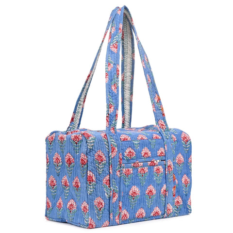 SNAKE CHARM BLUE HAND BLOCK PRINTED QUILTED TRAVEL DUFFLE BAG SMALL