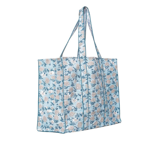 REUSABLE FLORAL HAND BLOCK COTTON PRINTED QUILTED SHOPPING TOTE BAG