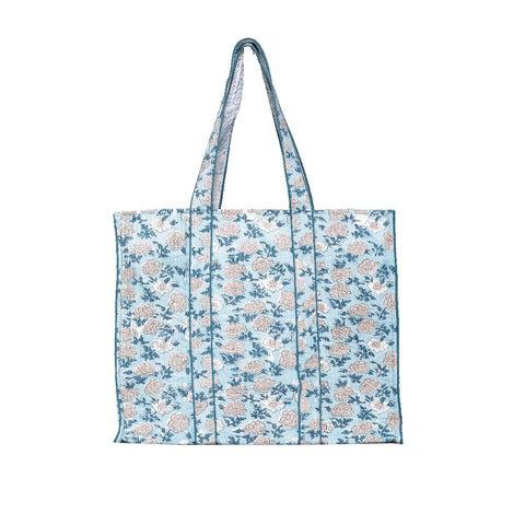 REUSABLE FLORAL HAND BLOCK COTTON PRINTED QUILTED SHOPPING TOTE BAG