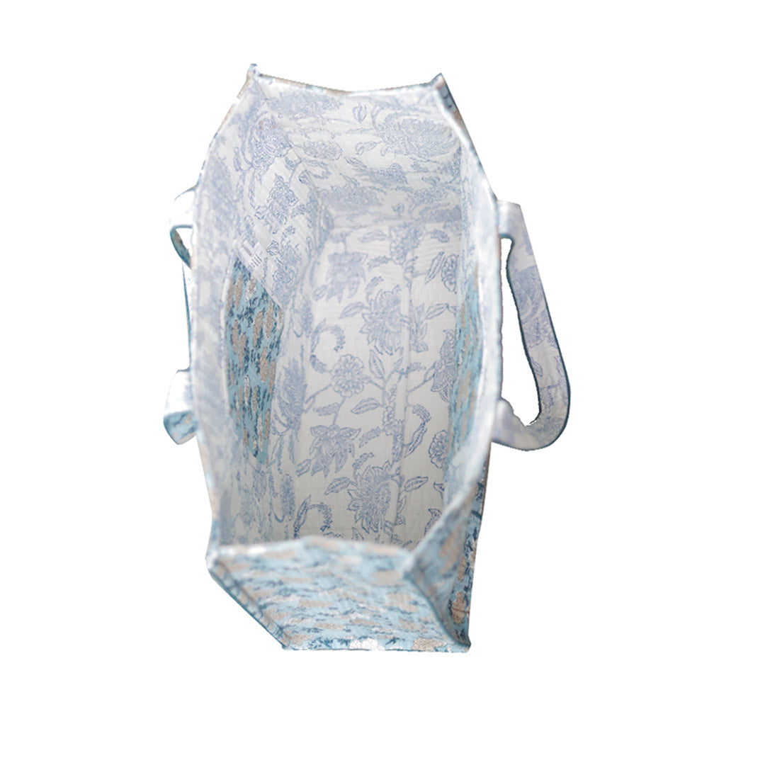 REUSABLE FLORAL HAND BLOCK COTTON PRINTED QUILTED SHOPPING TOTE BAG