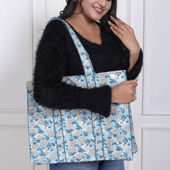 REUSABLE FLORAL HAND BLOCK COTTON PRINTED QUILTED SHOPPING TOTE BAG