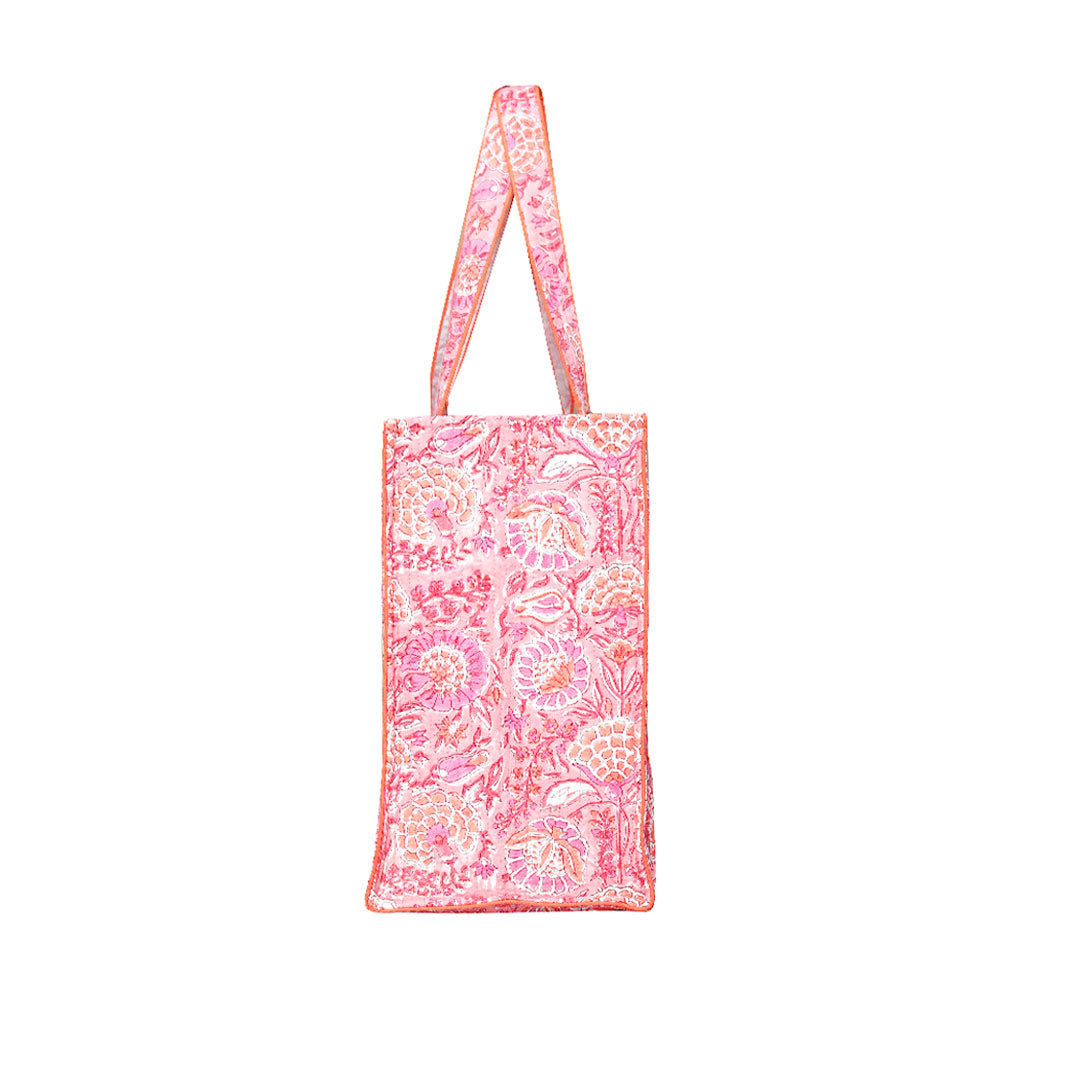 CORAL GARDEN HAND BLOCK COTTON PRINTED QUILTED SHOPPING TOTE BAG