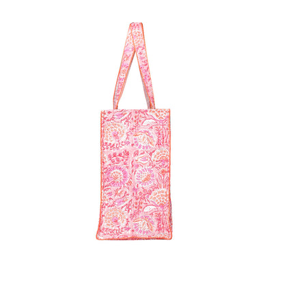 CORAL GARDEN HAND BLOCK COTTON PRINTED QUILTED SHOPPING TOTE BAG