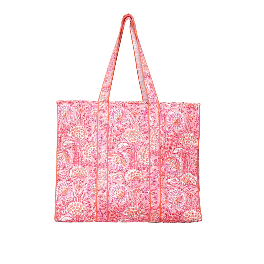 CORAL GARDEN HAND BLOCK COTTON PRINTED QUILTED SHOPPING TOTE BAG