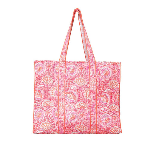 CORAL GARDEN HAND BLOCK COTTON PRINTED QUILTED SHOPPING TOTE BAG