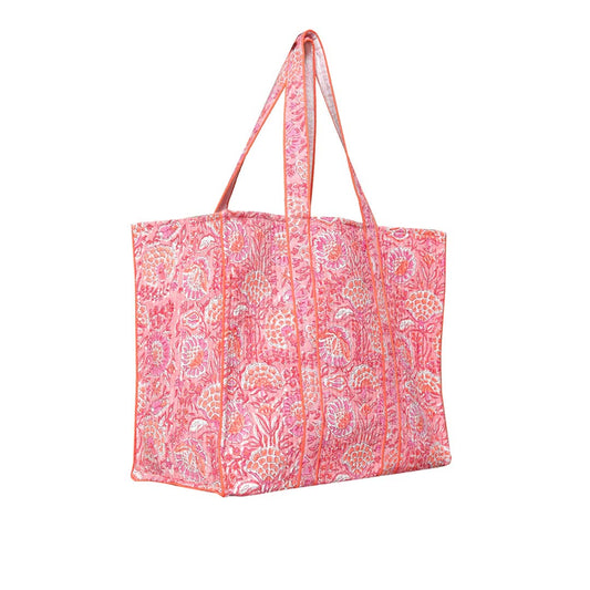 CORAL GARDEN HAND BLOCK COTTON PRINTED QUILTED SHOPPING TOTE BAG
