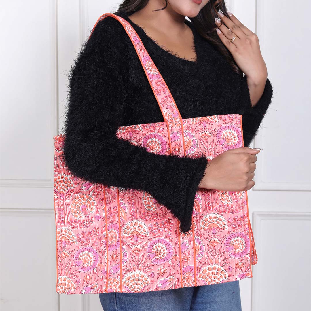 CORAL GARDEN HAND BLOCK COTTON PRINTED QUILTED SHOPPING TOTE BAG