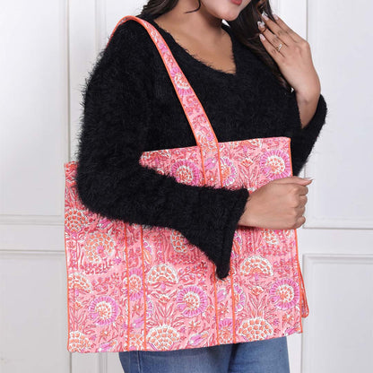 CORAL GARDEN HAND BLOCK COTTON PRINTED QUILTED SHOPPING TOTE BAG
