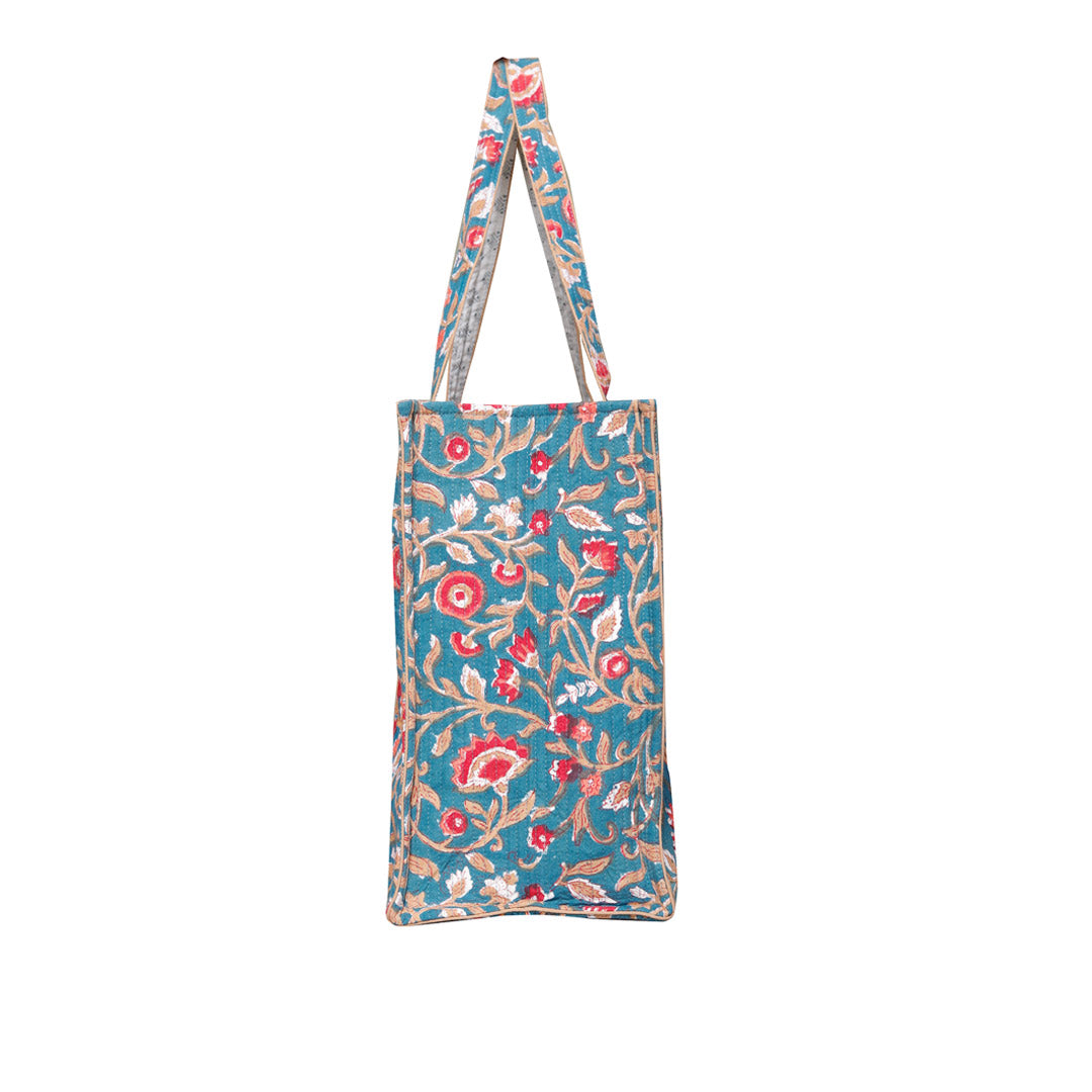 UDAIPUR GARDEN HAND BLOCK COTTON PRINTED QUILTED SHOPPING TOTE BAG
