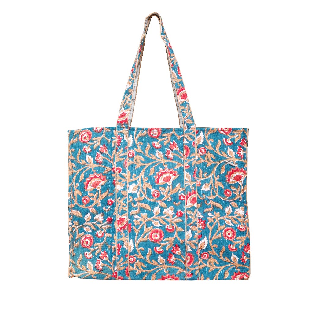 UDAIPUR GARDEN HAND BLOCK COTTON PRINTED QUILTED SHOPPING TOTE BAG