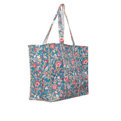 UDAIPUR GARDEN HAND BLOCK COTTON PRINTED QUILTED SHOPPING TOTE BAG