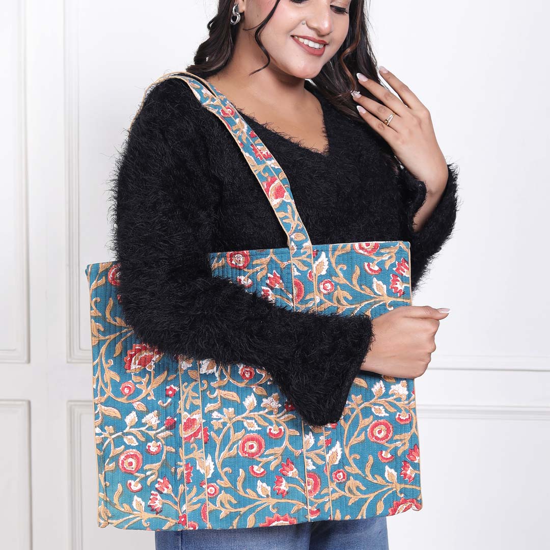 UDAIPUR GARDEN HAND BLOCK COTTON PRINTED QUILTED SHOPPING TOTE BAG