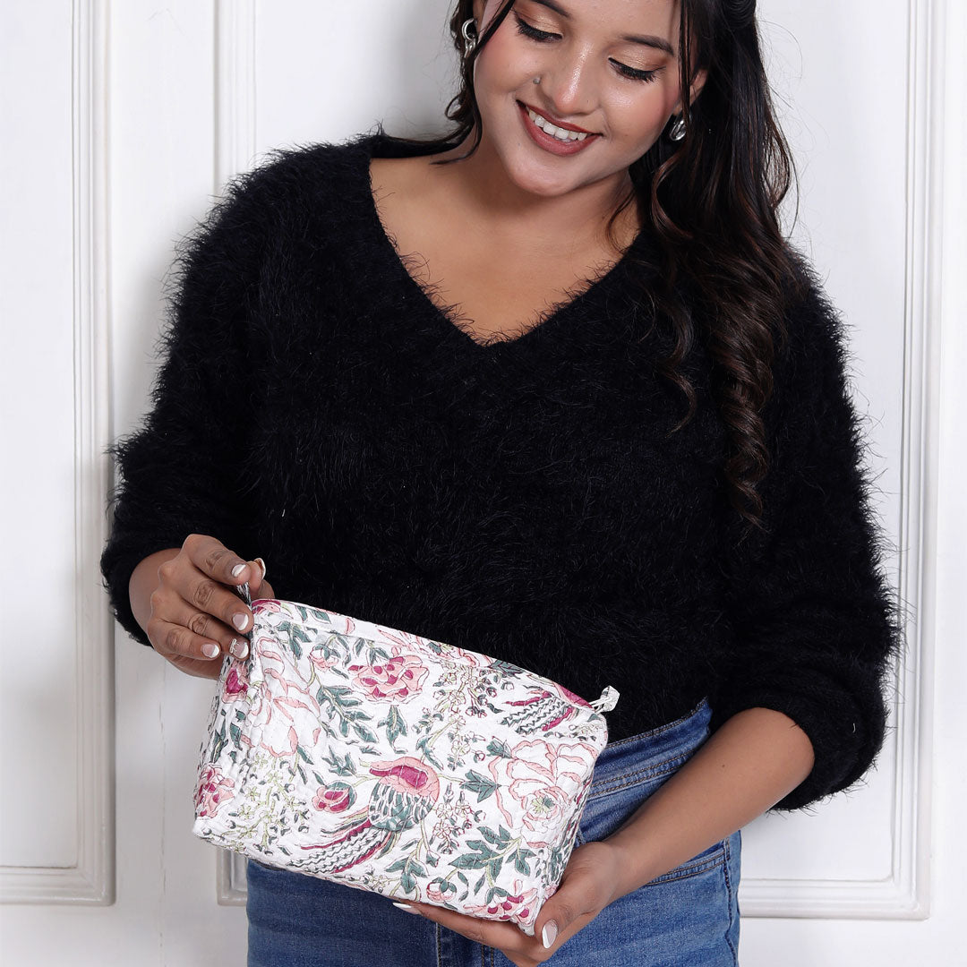 HAMSA BLOOM HAND BLOCK COTTON PRINTED QUILTED  TOILETRY & MAKEUP POUCH