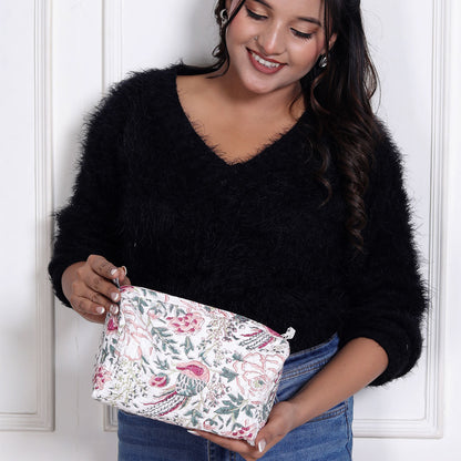 HAMSA BLOOM HAND BLOCK COTTON PRINTED QUILTED  TOILETRY & MAKEUP POUCH