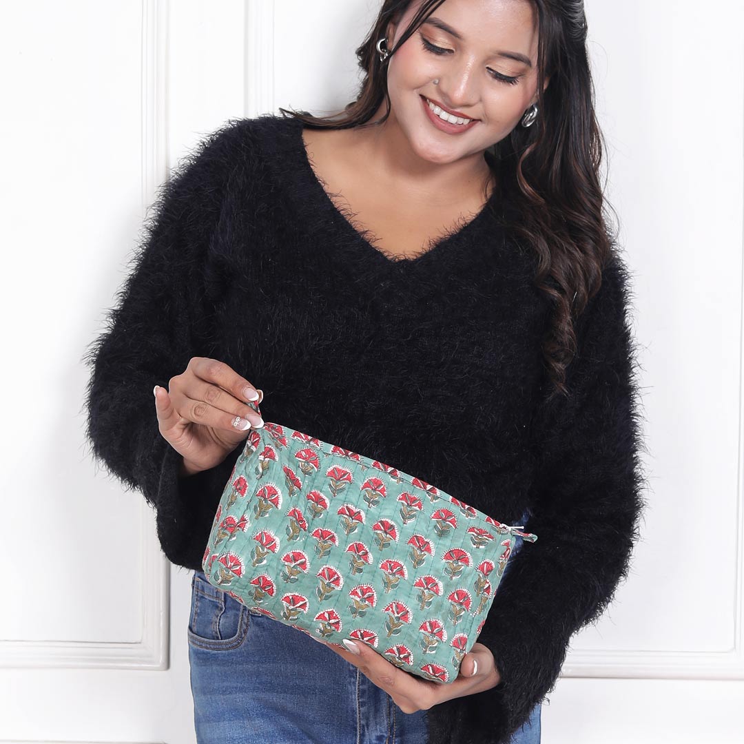 NEELKAMAL HAND BLOCK COTTON PRINTED QUILTED TOILETRY & MAKEUP POUCH