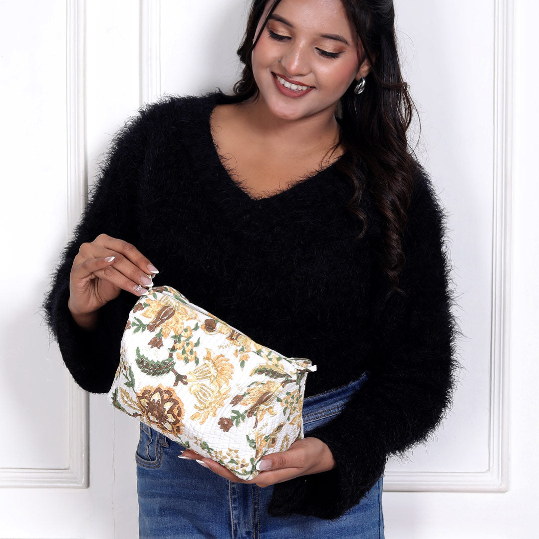 PRITHVI BLOOM  HAND BLOCK COTTON PRINTED QUILTED  TOILETRY & MAKEUP POUCH