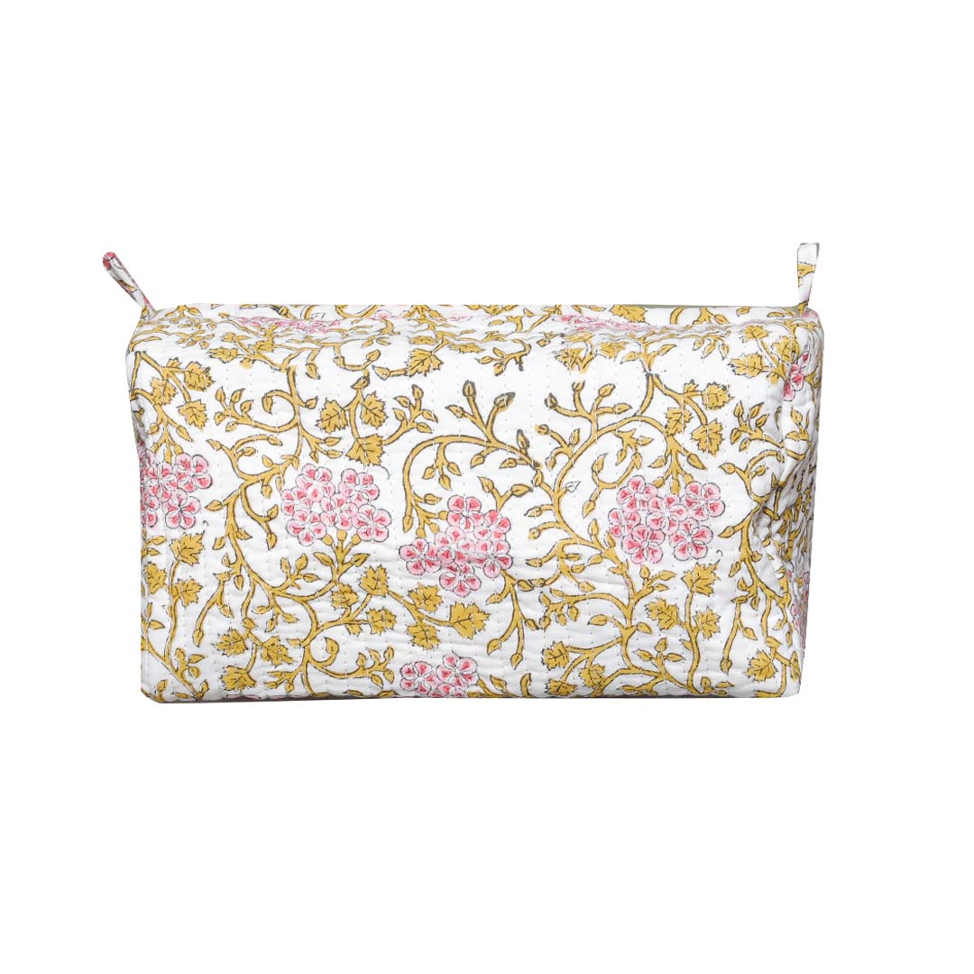 SWARNA PHOOL HAND BLOCK COTTON PRINTED QUILTED TOILETRY & MAKEUP POUCH
