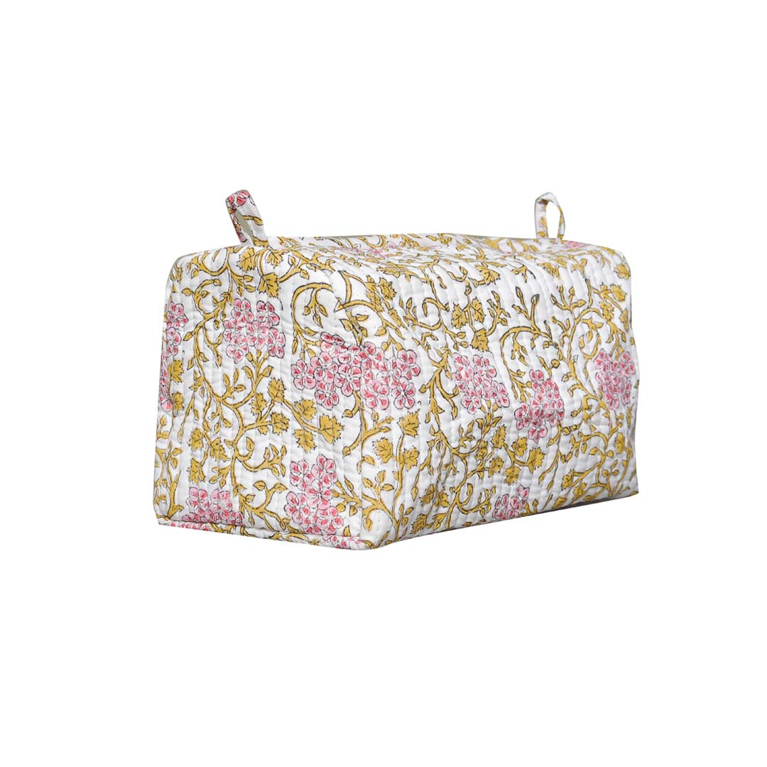 SWARNA PHOOL HAND BLOCK COTTON PRINTED QUILTED TOILETRY & MAKEUP POUCH