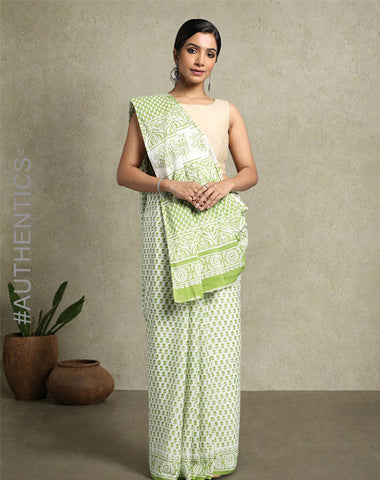 ELM HAND BLOCK COTTON SANGNAERI PRINTED SAREE WITH BLOUSE