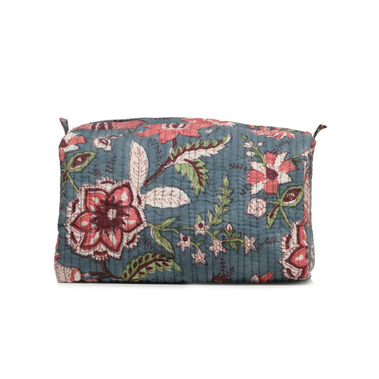 MIDNIGHT OPEIUM GARLAND HAND BLOCK COTTON PRINTED QUILTED TOILETRY POUCH