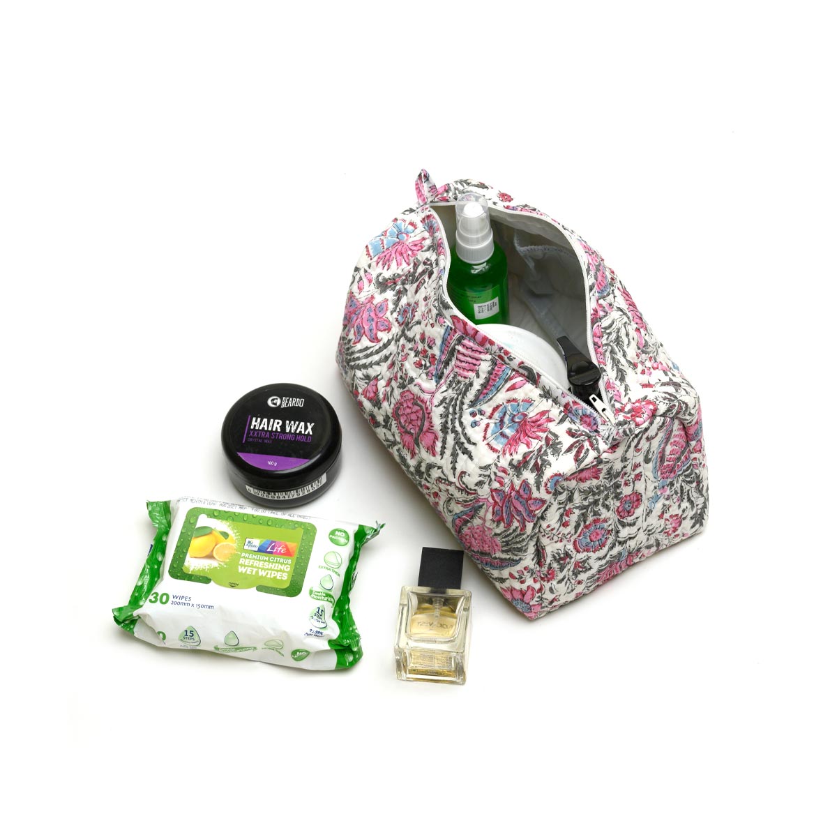CHINTZ JAL _ 5 HAND BLOCK COTTON PRINTED QUILTED TOILETRY POUCH