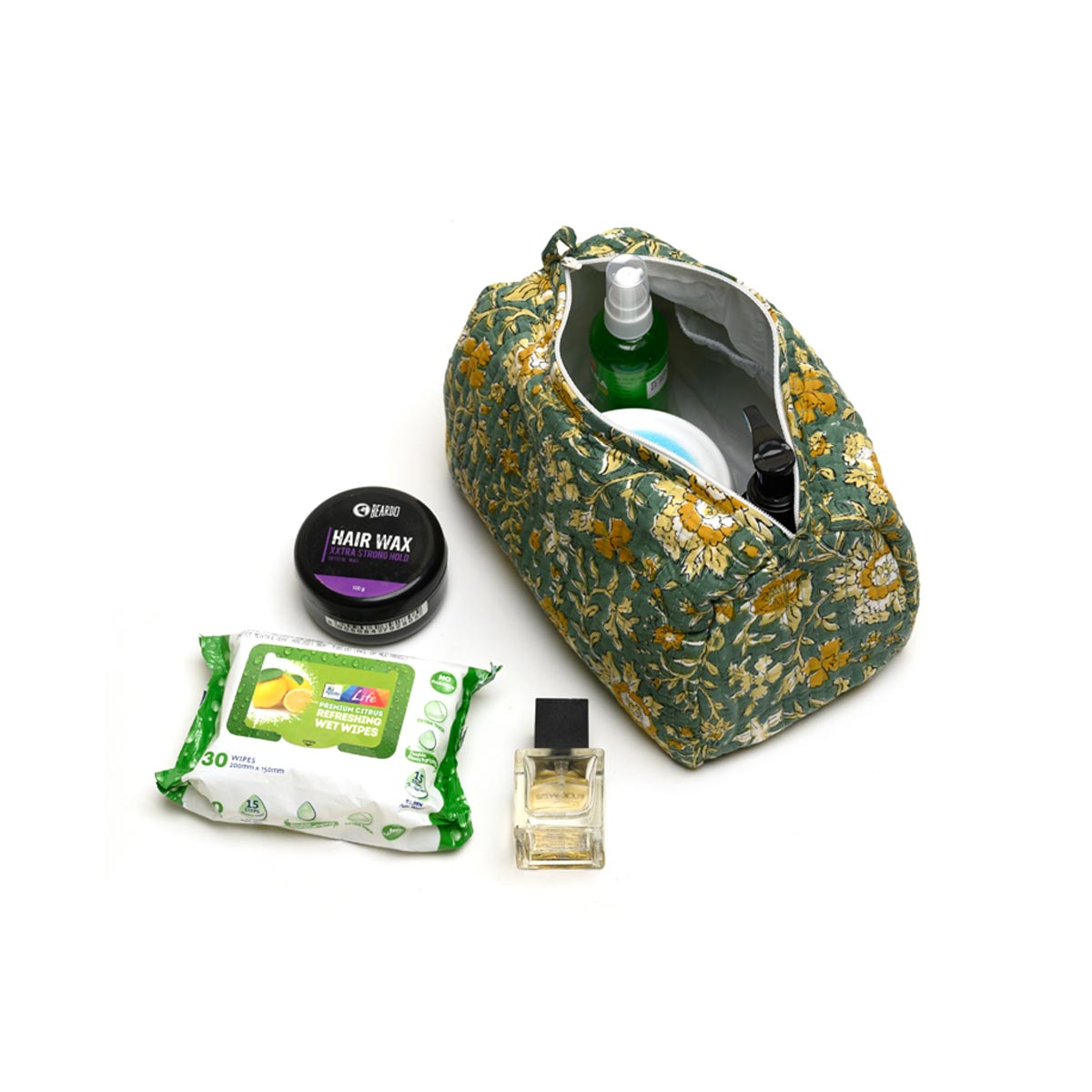 PISTACHU JAL HAND BLOCK COTTON PRINTED QUILTED TOILETRY POUCH