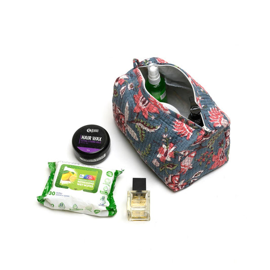 MIDNIGHT OPEIUM GARLAND HAND BLOCK COTTON PRINTED QUILTED TOILETRY POUCH