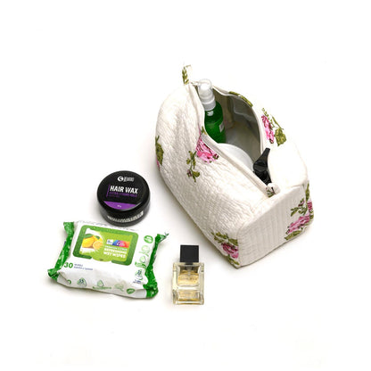 SINGLE RUSSIAN ROSE HAND BLOCK COTTON PRINTED QUILTED TOILETRY POUCH