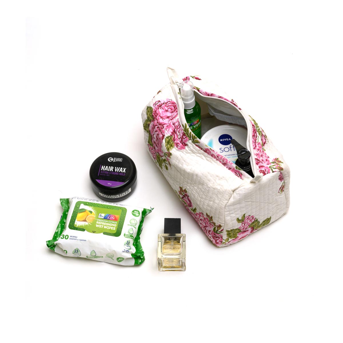 RUSSINE ROSE BOUQUE HAND BLOCK COTTON PRINTED  QUILTED TOILETRY POUCH